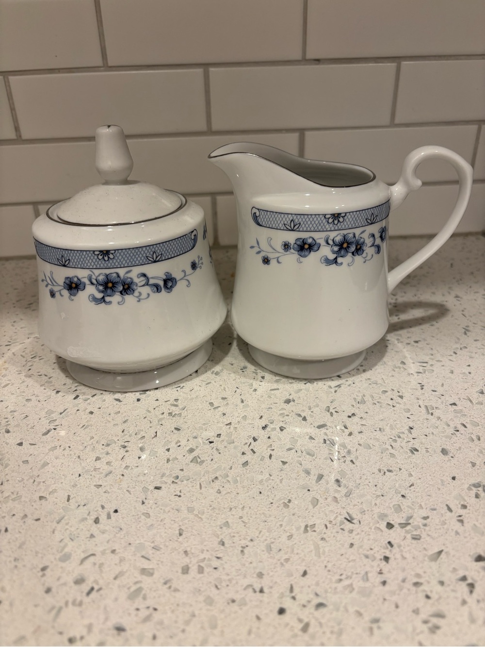 Blue Floral Porcelain Sugar Bowl and Creamer Set
